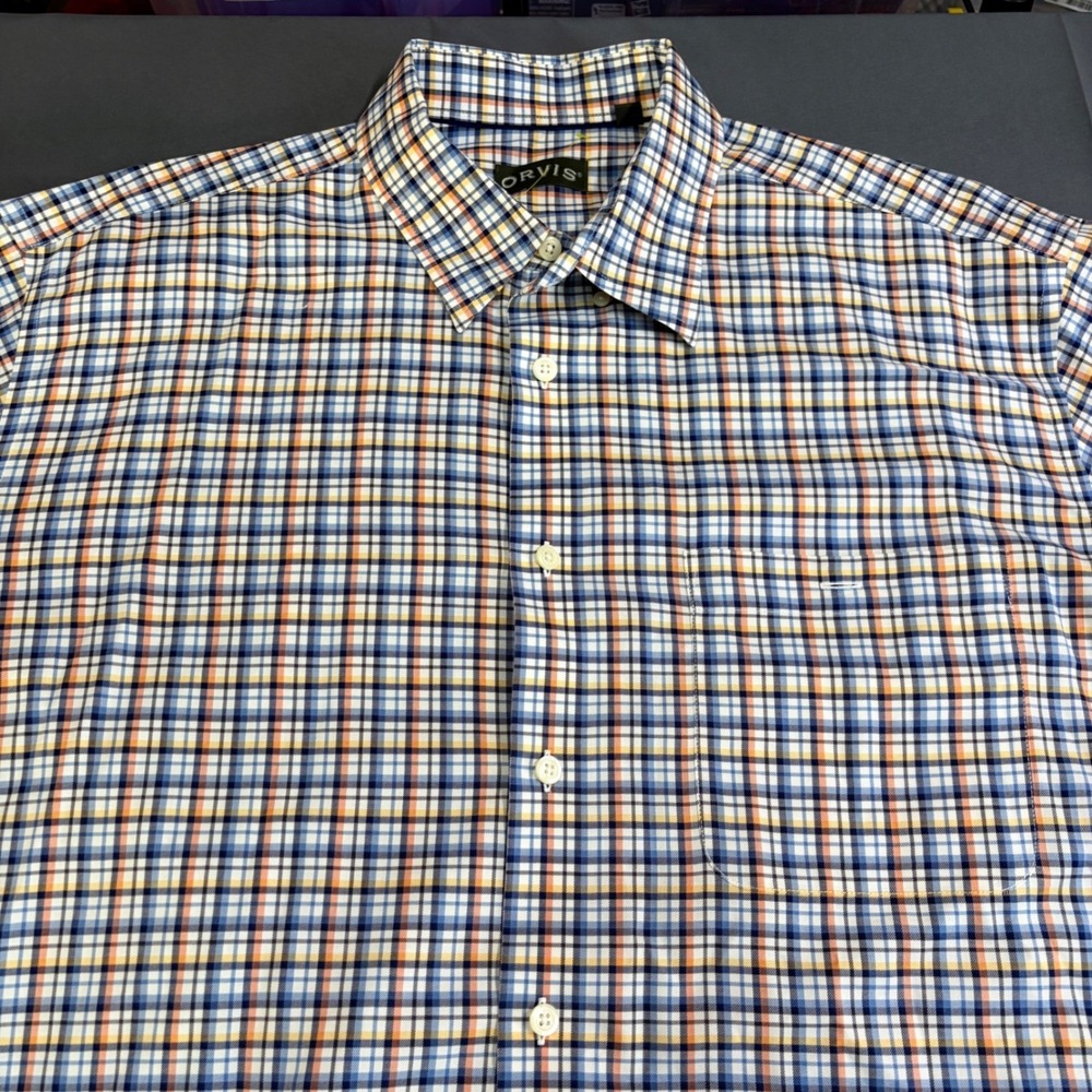 Orvis Mens XXL Wrinkle Free Plaid Button‎ Down Shirt Blue Orange Cotton RN70534